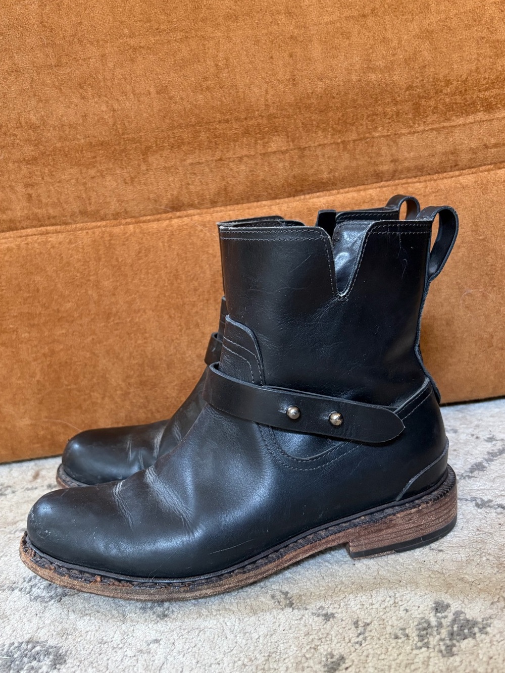 Rag & Bone Ashford Motorcycle Biker Ankle Boots SZ 7.5 Low Heel Belted Org $595